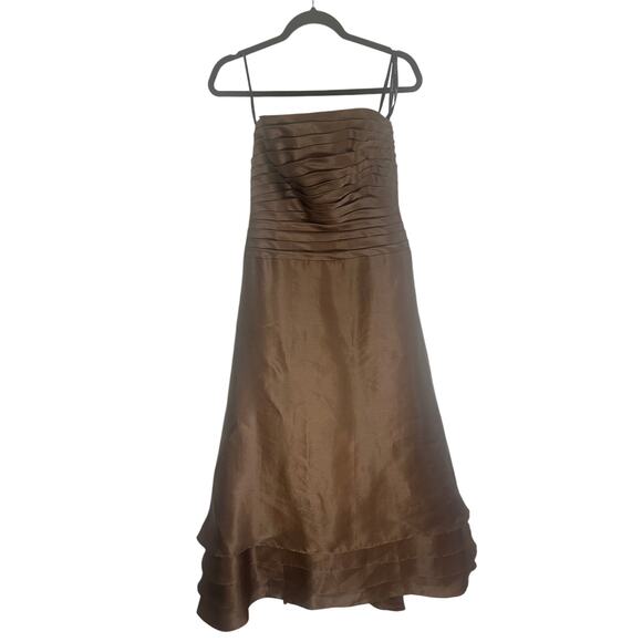 Women's Brown Silk Strapless A-Line Dress Size 6 Elegant Formal Gown Layered Hem - Picture 2 of 12